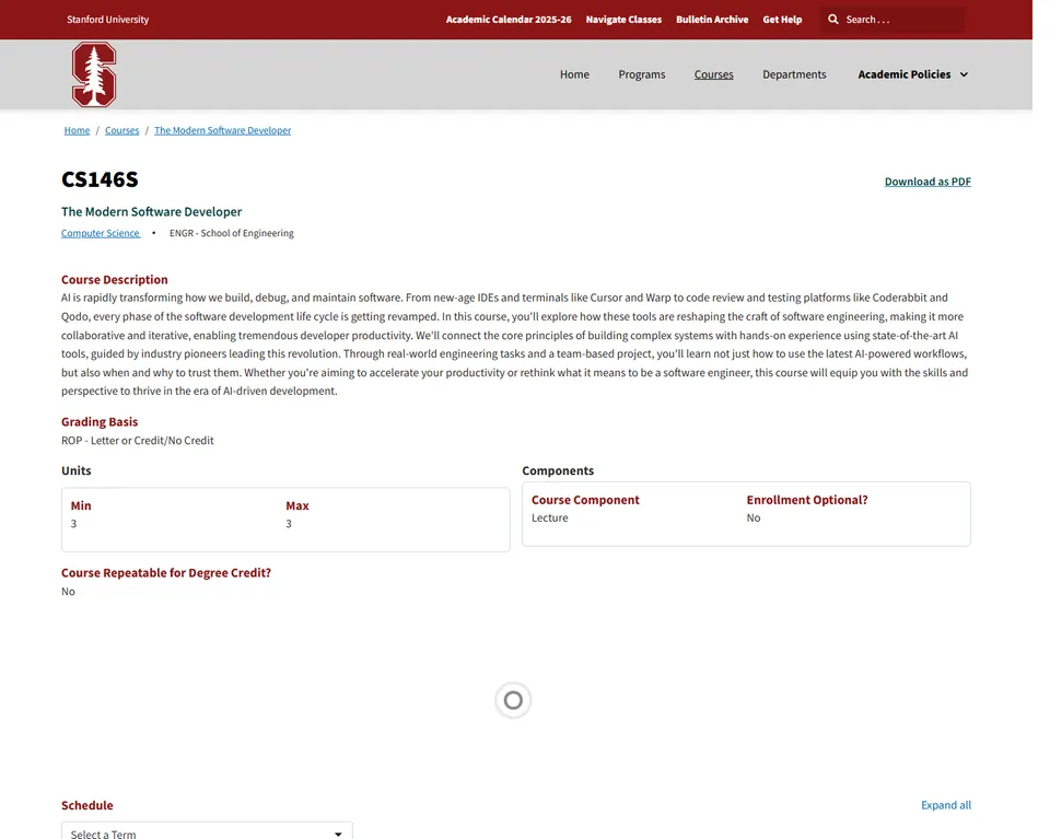 Stanford Bulletin 中 CS146S 课程页截图