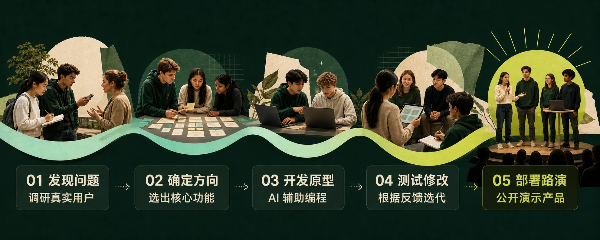 创客马拉松五阶段流程：发现问题、确定方向、开发原型、测试修改、部署路演