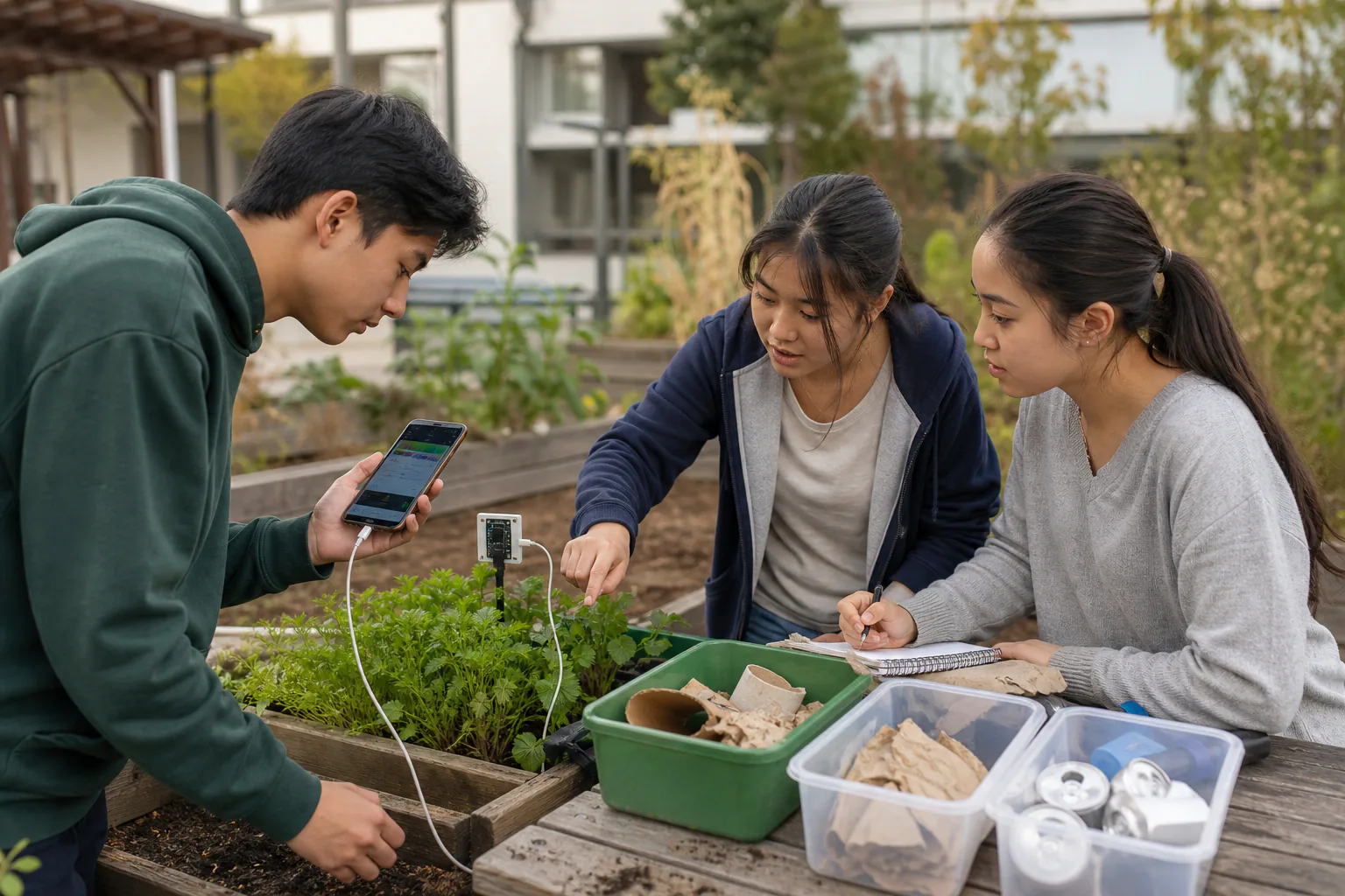 学生在社区花园测试环境监测与循环利用原型